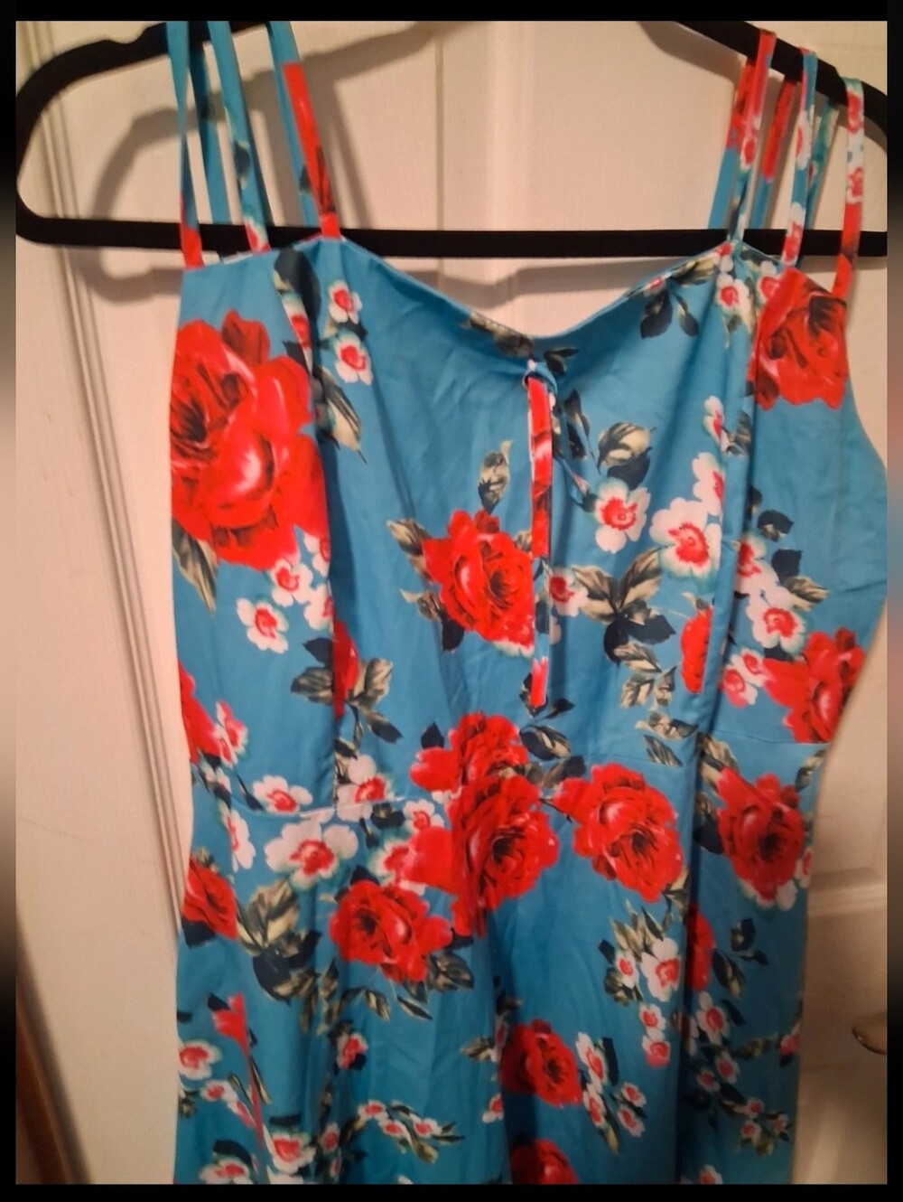 Floral Red Rose Print Blue Women’s Spaghetti Strap Dress
